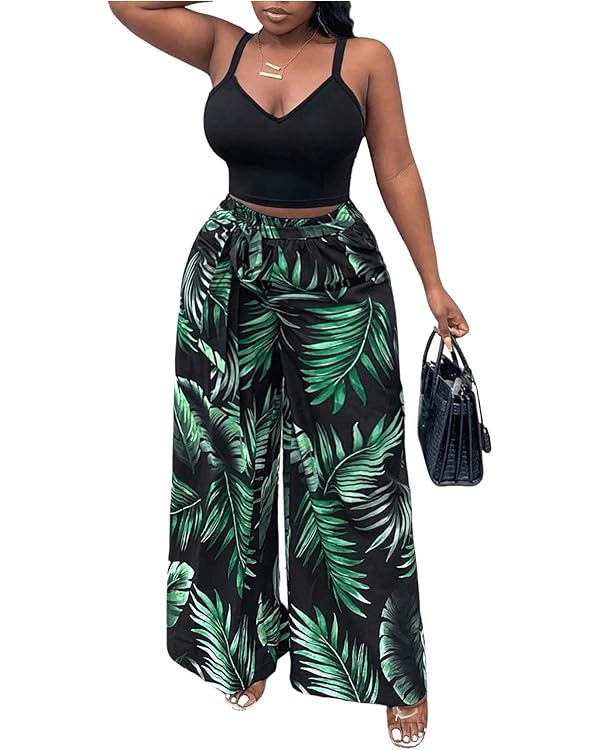 WDIRARA Women's 2 Piece Outfit Spaghetti Strap Cami Top and Tropical Leaf Print Wide Leg Long Pan... | Amazon (US)