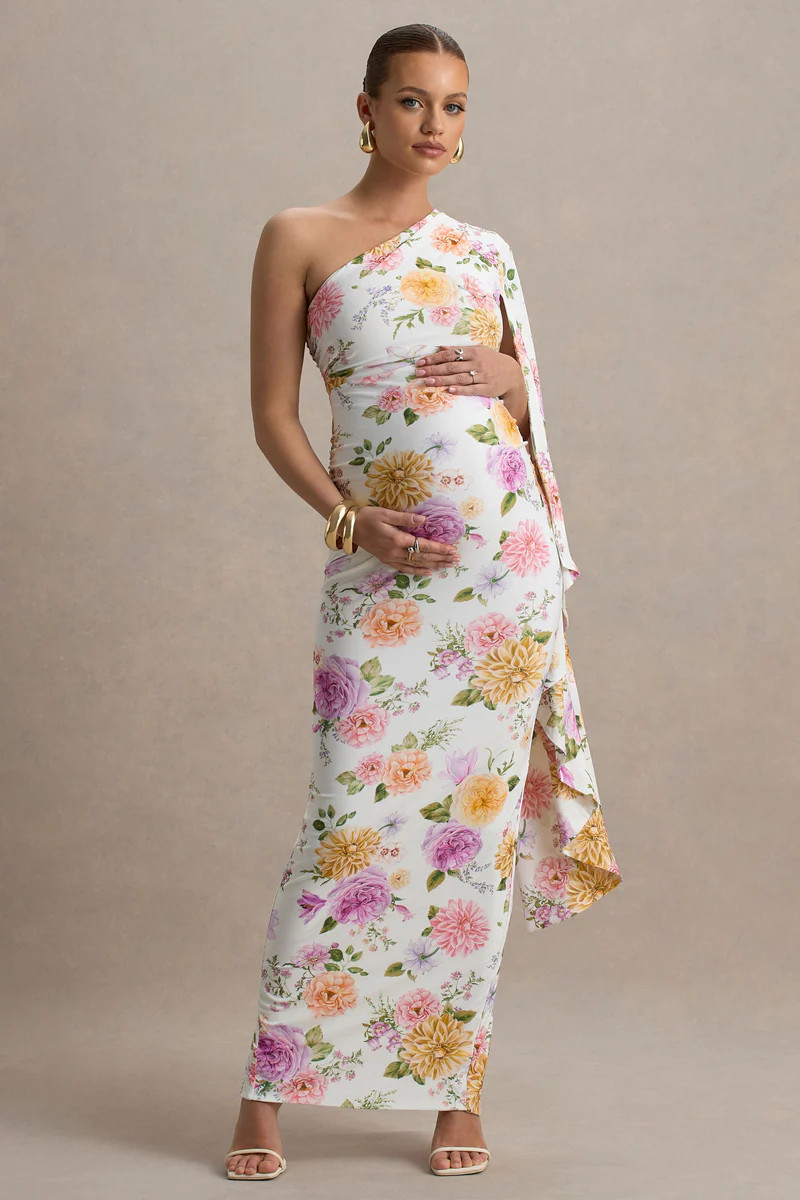 Aliana  Peach And Lilac Floral Print Asymmetric Maternity Maxi Dress With Ruched Detailing | Club L London