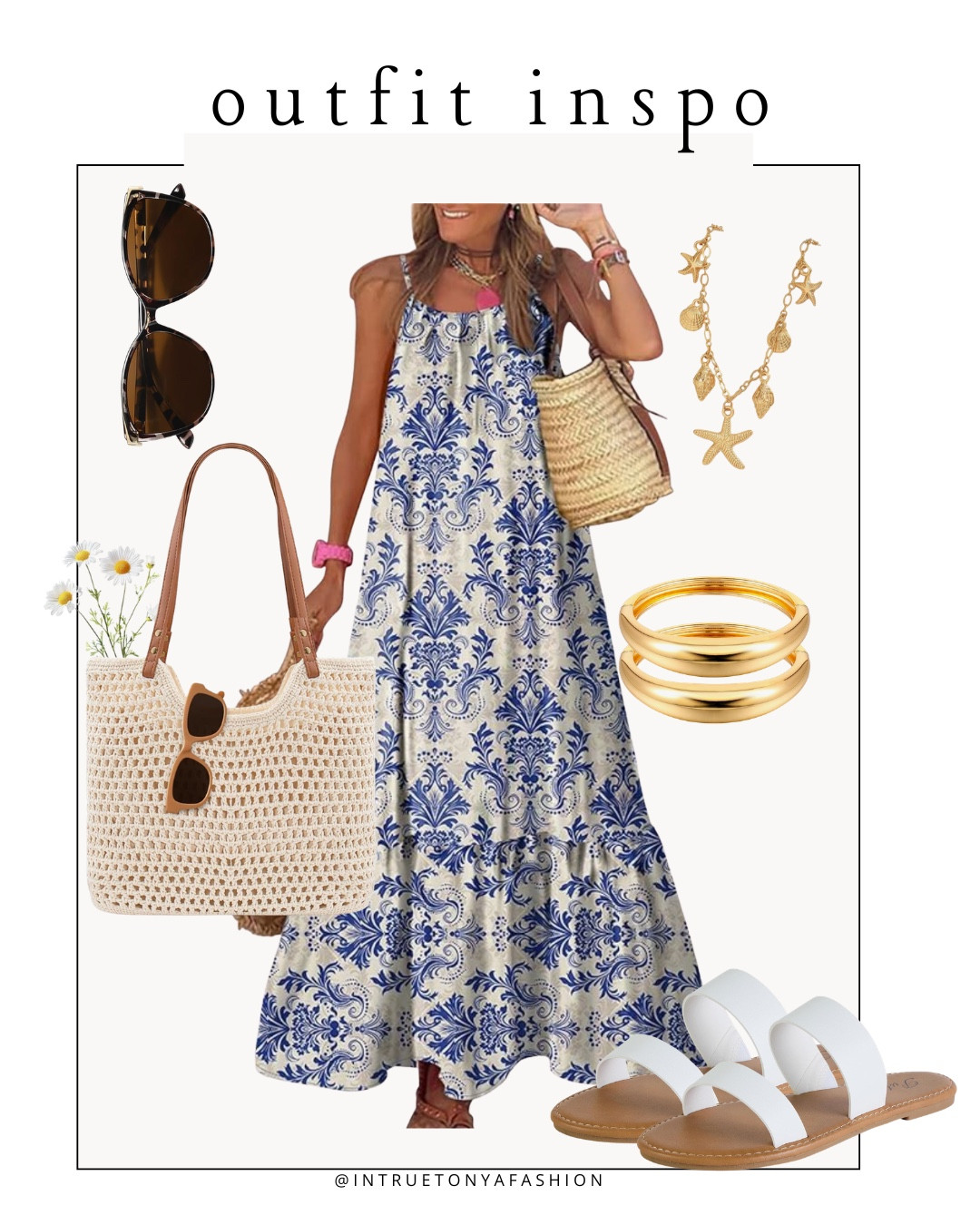 Blue and white floral maxi dresses, white sandals, tote bag and gold jewelry 





Amazon outfits every outfit inspo, outfit ideas, casual outfits amazon, amazon outfits every day, spring outfits 2026, summer outfits, seashell necklace, maxi dresses, summer dresses, sun dress, maxi dresses 

#LTKSaleAlert #LTKPetite