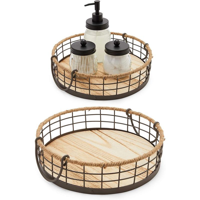 Juvale 2 Pack Round Wooden Wire Basket Trays with Handles, Farmhouse Decor (2 Sizes) | Target