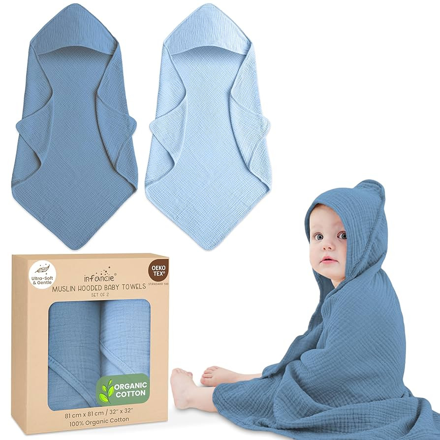 Organic Cotton Muslin Baby Hooded Towels - 32x32 Inch, 2 Pack Newborn Bath Towels for Boys & Girl... | Amazon (US)