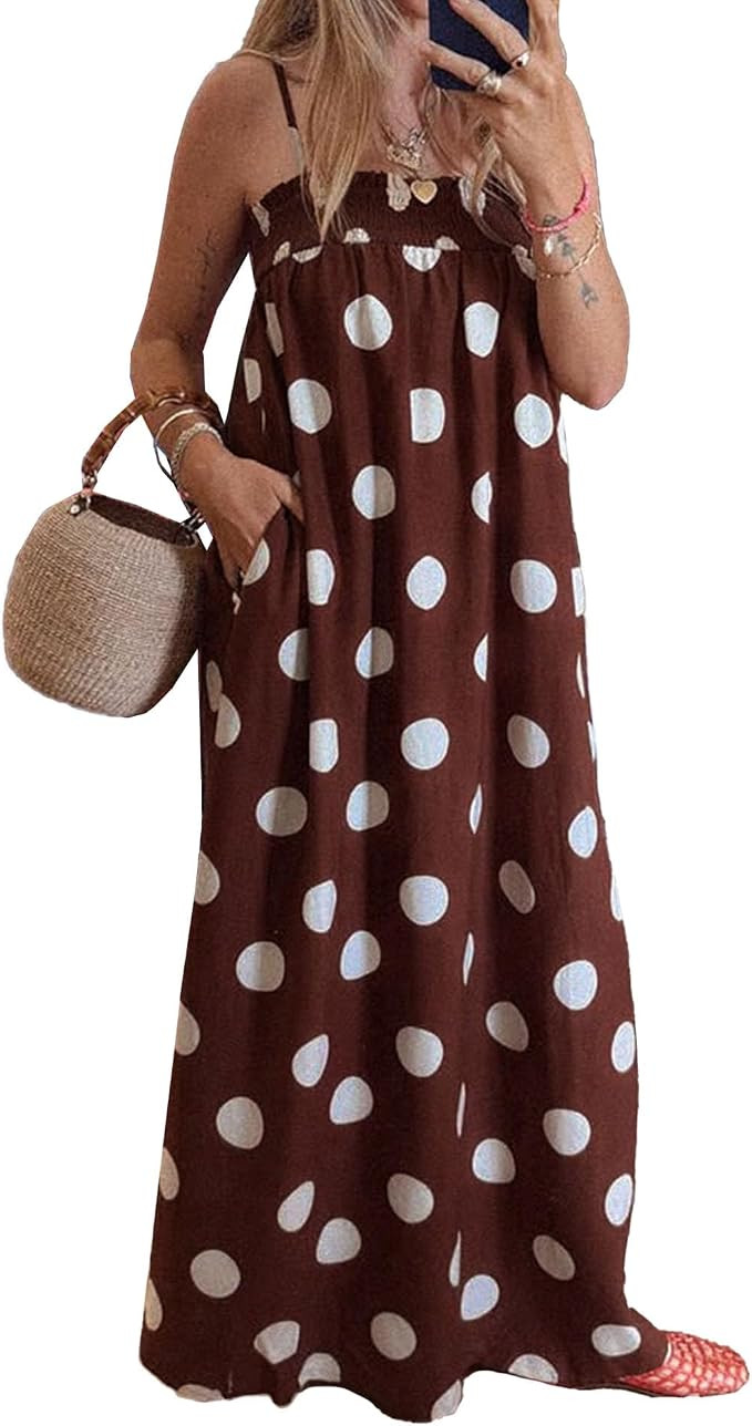 SOMTHRON Women's Spaghetti Strap Polka Dot Maxi Dress Sleeveless Smocked Summer Beach Boho Long D... | Amazon (US)