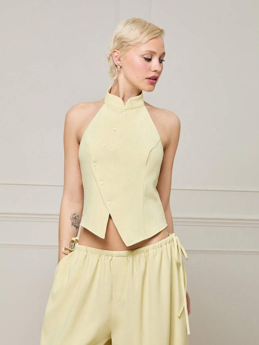 COUREZ Halter Mandarin Collar Asymmetric Top/Y2K Summer Outfits For Women Sleeveless Tops Going O... | SHEIN