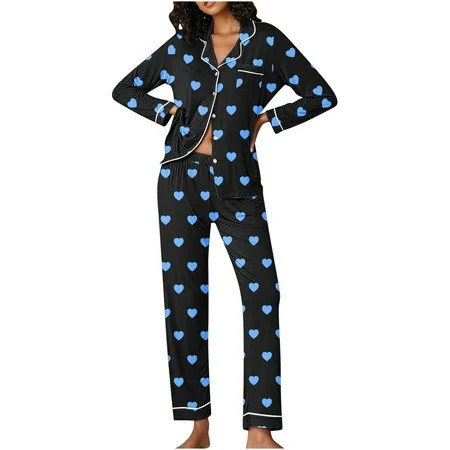 Wyongtao Button Up Pajama Set for Women Valentine s Day Long Sleeve Shirt and Pajama Pants Soft Pjs Lounge Sets Blue S | Walmart (US)