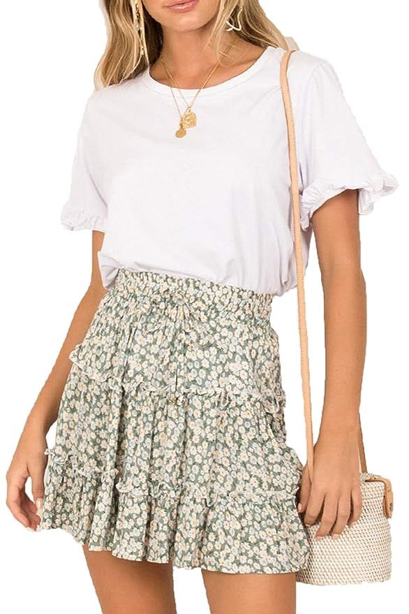 SimpleFun Womens Ruffle Floral Print or Polka Pot Mini Skirts with Bow | Amazon (US)