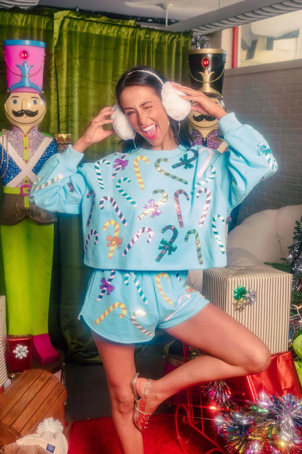 Bright Blue Rainbow Candy Canes Sweatshirt | Queen of Sparkles