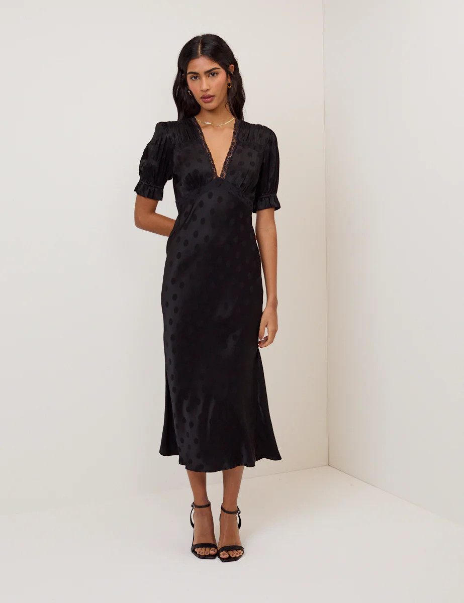 Black Polka Dot Jacquard Angela Midi Dress | Nobody's Child