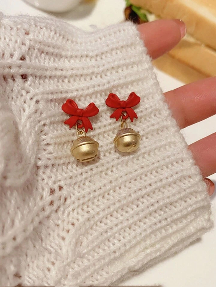 Red Bow-Knot Shaped Christmas Bell Earrings For Girls, Fashionable Christmas & New Year Ear Jewel... | SHEIN