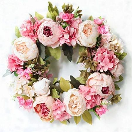 Door Wreath Artificial Pink Peony Flower Wreath Handmade 16"" Floral Wreath Spring Summer Garland fo | Walmart (US)