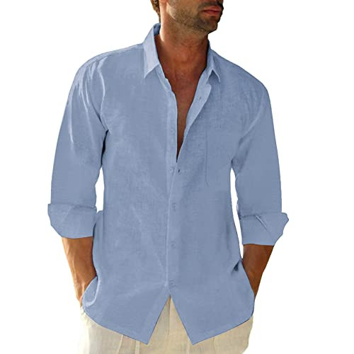 JEKAOYI Button Down Linen Shirts for Men Casual Long Sleeve Regular Fit Cotton Beach Shirts with Pocket Blue | Amazon (US)