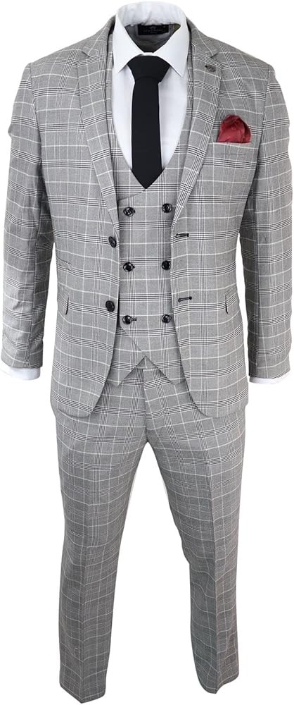Mens Marc Darcy Grey Prince of Wales Check Suit Ross Office Wedding Slim Fit Classic | Amazon (US)