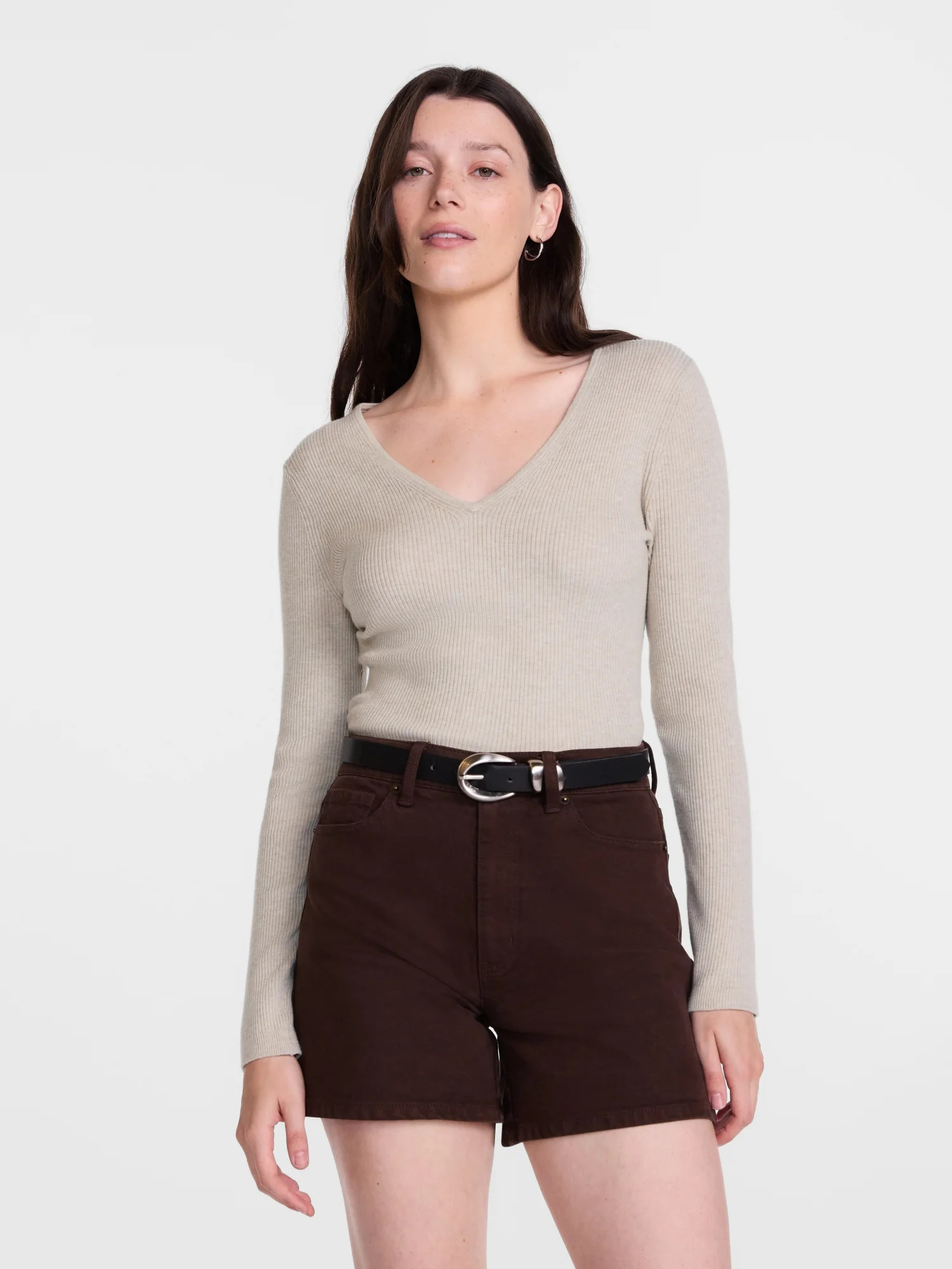 Scenario Women's V-Neck Ribbed Lightweight Sweater with Long Sleeves, Sizes XS-XXXL - Walmart.com | Walmart (US)