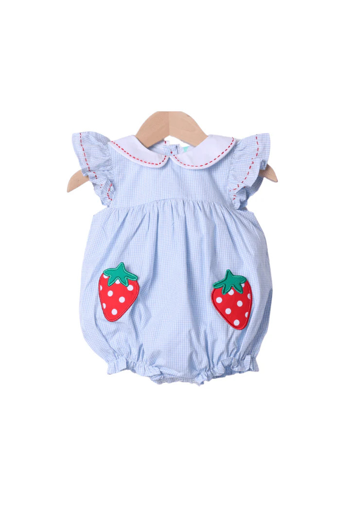 Strawberry Patch Blue Gingham Bubble | The Smocked Flamingo