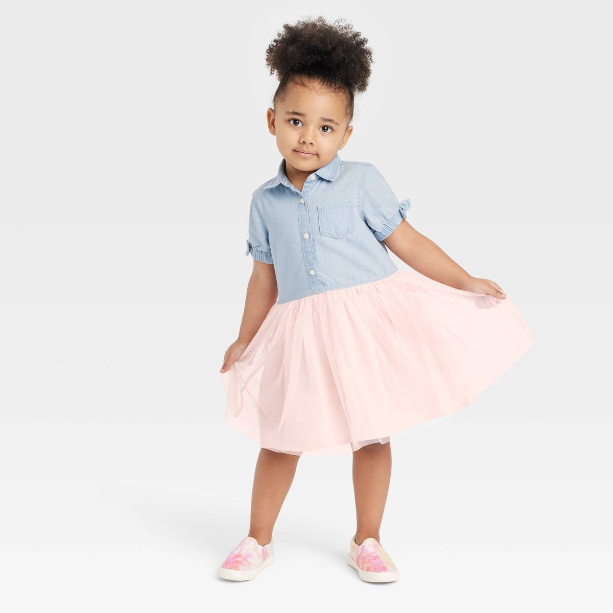 OshKosh B'gosh Toddler Girls' Chambray Short Sleeve Tulle Dress - Light Pink/Blue Denim 3T | Target