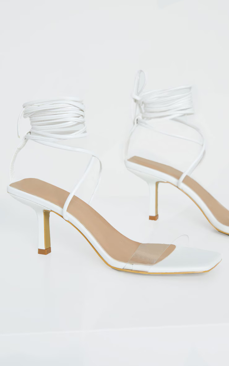 White Low Heel Clear Strap Ankle Tie Sandal | PrettyLittleThing US
