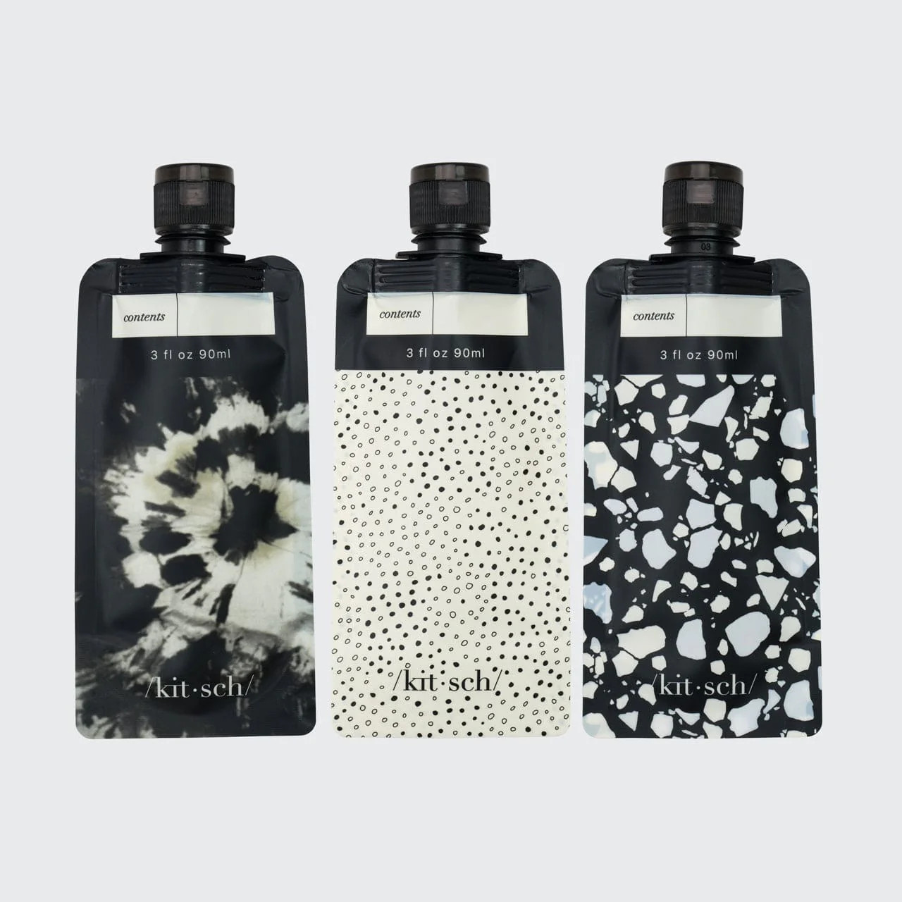Shop Now for the Refillable Travel Pouch 3pc Set in Black & Ivory - Free Shipping on Orders $35+ | Kitsch