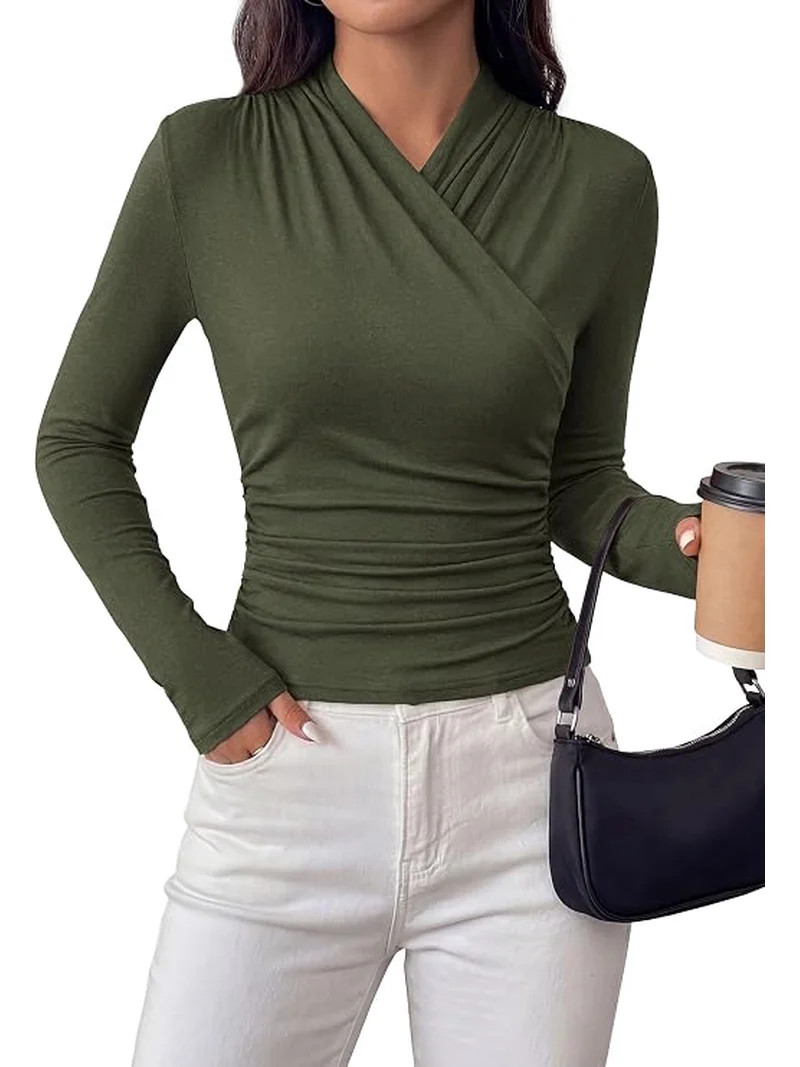 PRETTYGARDEN Womens Long Sleeve Shirts Fall V Neck Cross Wrap Going Out Top Ribbed Ruched Fitted ... | Walmart (US)