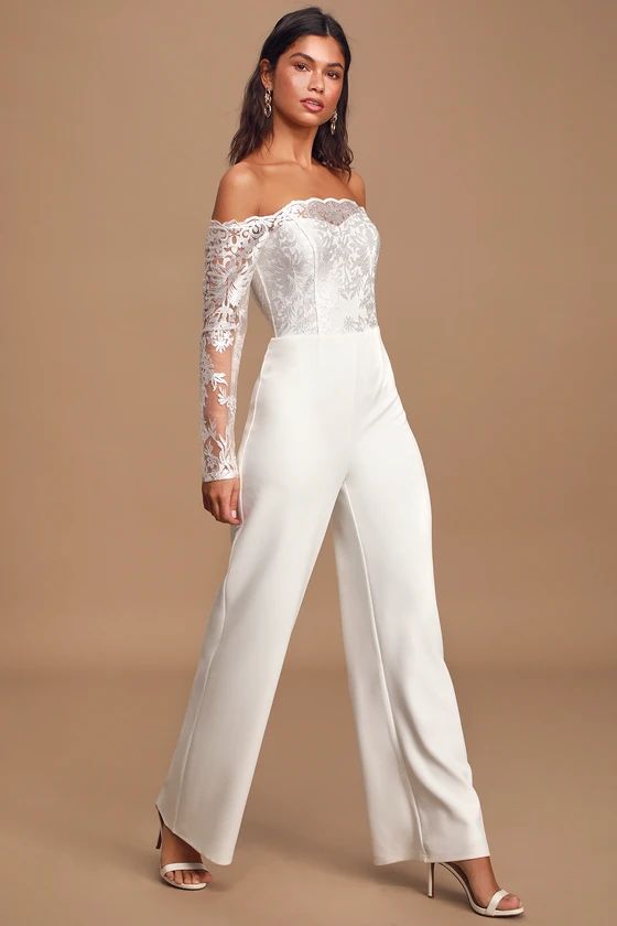 Carried by Love White Lace Off-the-Shoulder Wide-Leg Jumpsuit | Lulus (US)