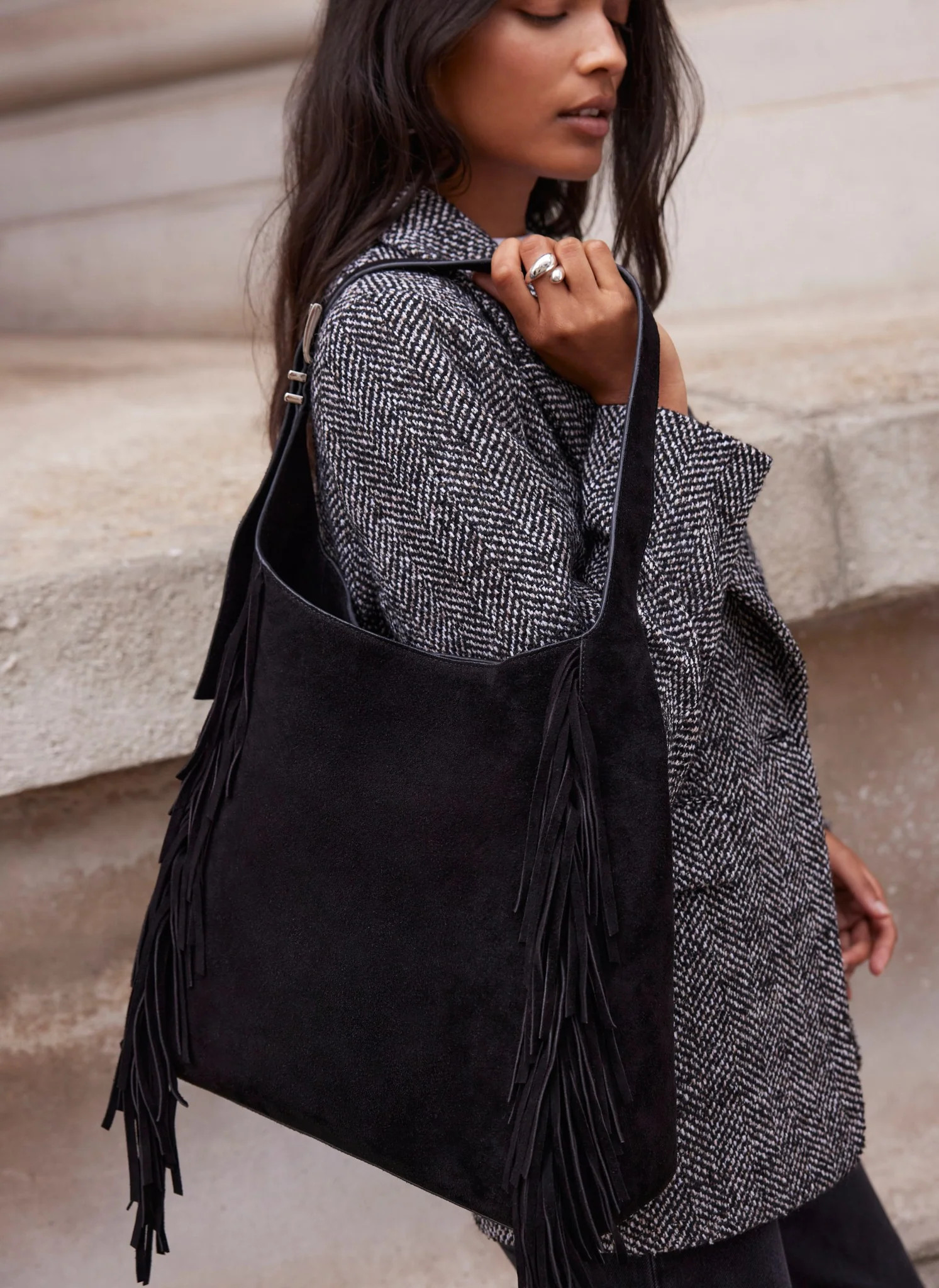 Black Suede Fringed Bag | Mint Velvet
