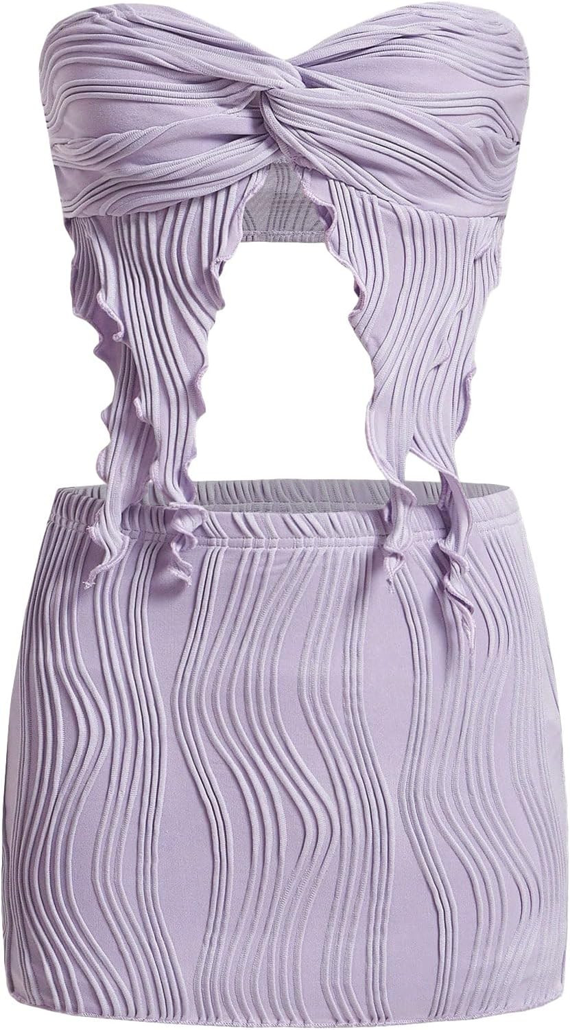 WDIRARA Women's 2 Piece Outfit Twist Front Asymmetrical Hem Crop Tube Top and Bodycon Skirt Set | Amazon (US)