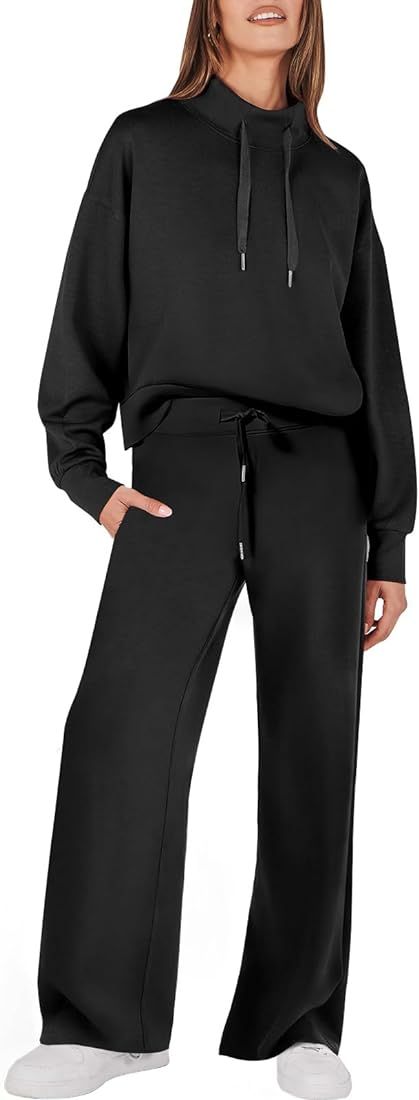 ANRABESS Womens 2 Piece Outfits Sweatsuit Set 2023 Fall Drawstring Sweatshirt Wide Leg Sweatpant ... | Amazon (US)