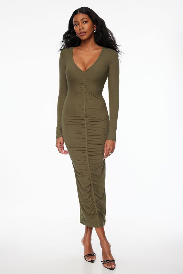 Ruched Ribbed Maxi Dress | Dynamite Clothing