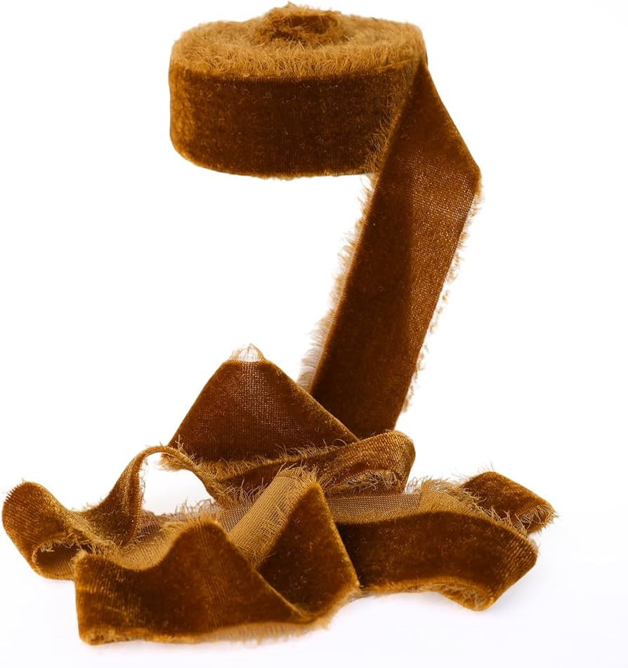 Brown Velvet Ribbon for Christmas Decorations 1.5 Inch 5 Yards Handmade Frayed Raw Edge Silk Ribb... | Amazon (US)