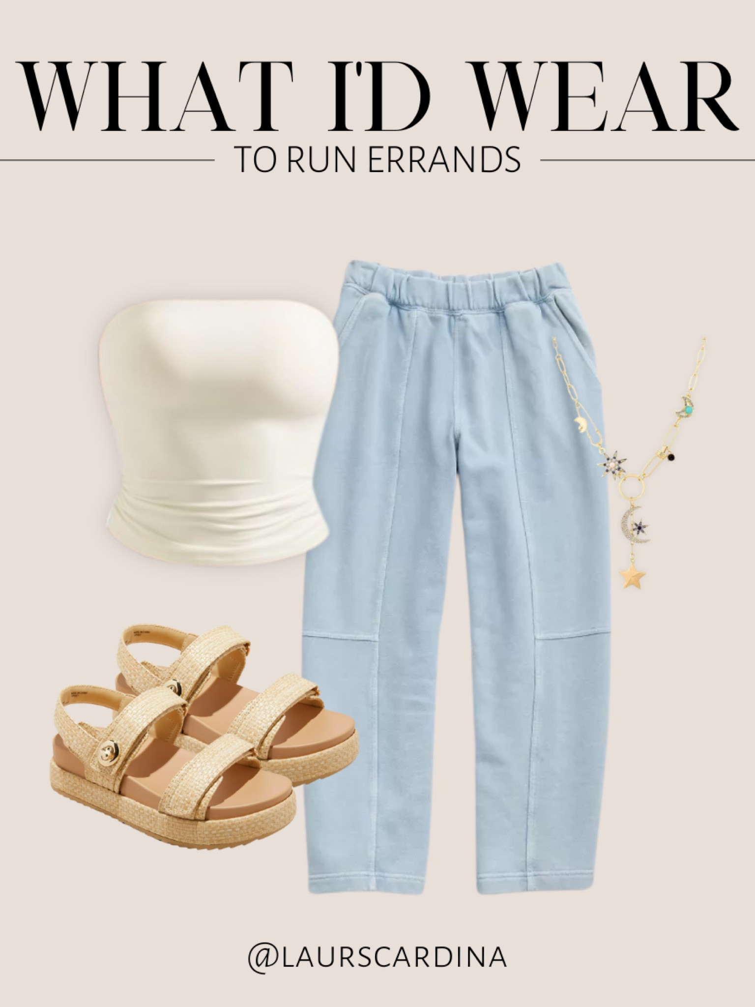 Here’s an outfit I’d run errands in, including a strapless top paired with light blue barrel leg sweatpants, platform sandals, and a gold necklace.

Ootd, summer outfit, spring outfit, casual outfit

#LTKFindsUnder50 #LTKShoeCrush #LTKStyleTip