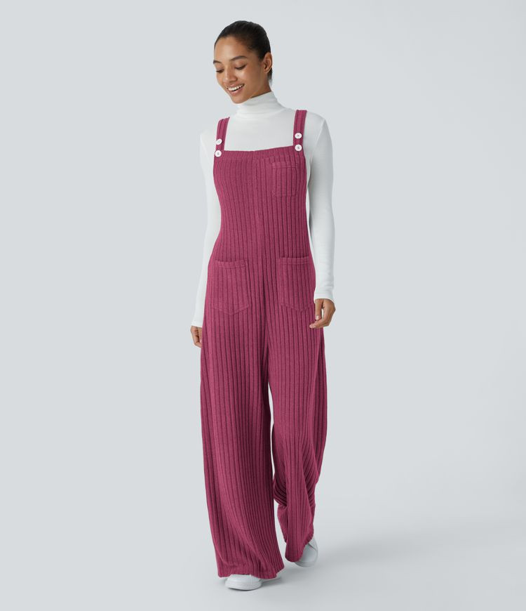 Women’s Ribbed Knit Adjustable Strap Button Multiple Pockets Casual Overalls - Halara | HALARA