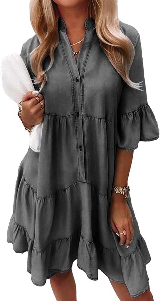 CYLADY Women's Short Sleeve Denim Dress Button Down Tiered Babydoll Denim Jean Shirt Dresses Grey... | Amazon (US)