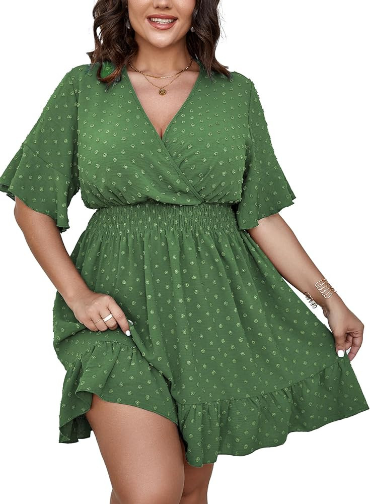 SCOMCHIC Plus Size Casual Summer Dress for Women Swiss Dot Wrap V Neck Ruffle Sleeve Smock Boho M... | Amazon (US)
