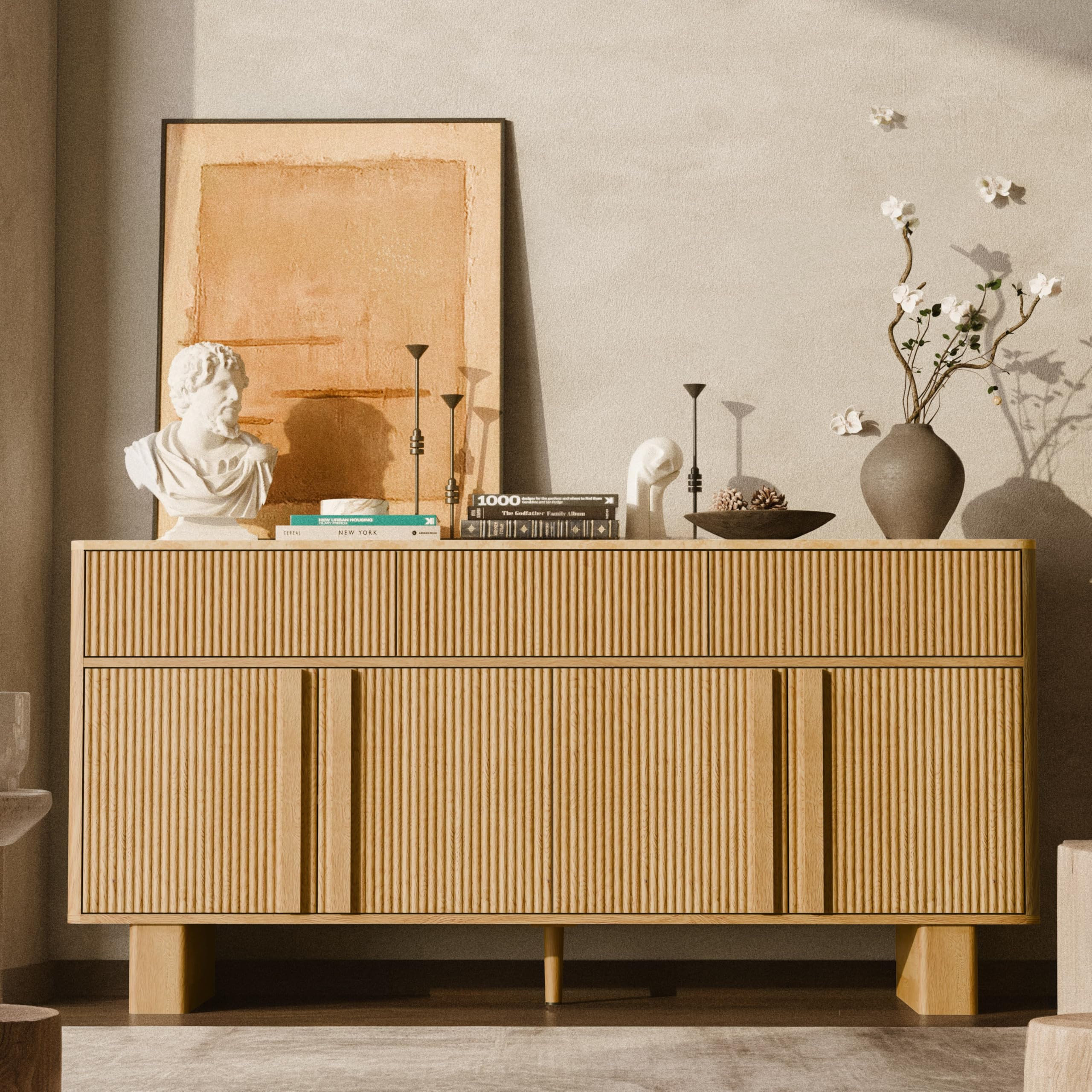 63" Wide Sideboard Buffet Cabinet with Storage, Modern Buffet with 3 Drawers and 4 Doors, Storage... | Amazon (US)