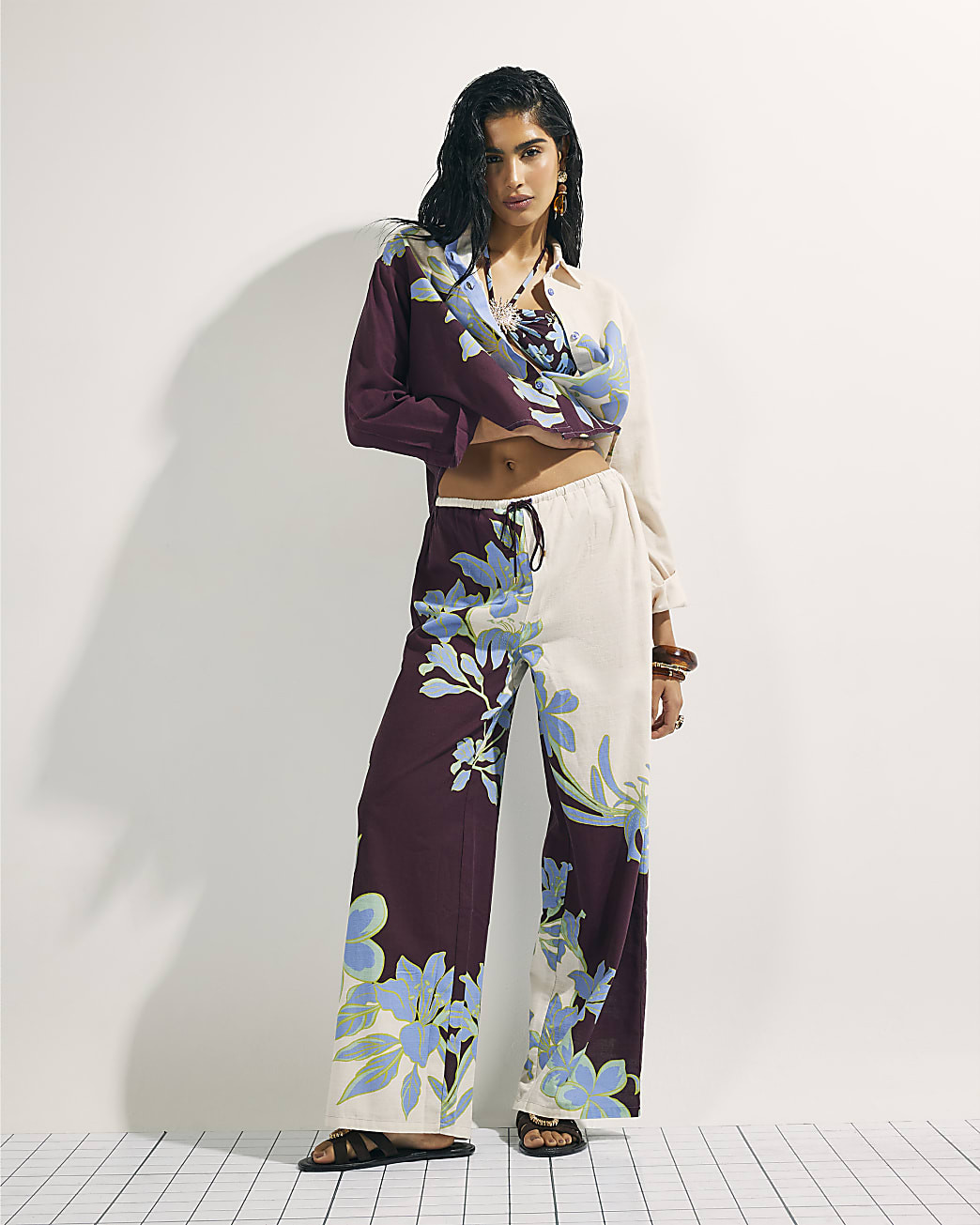 Cream Floral Wide Leg Beach Trousers | River Island UK & IE