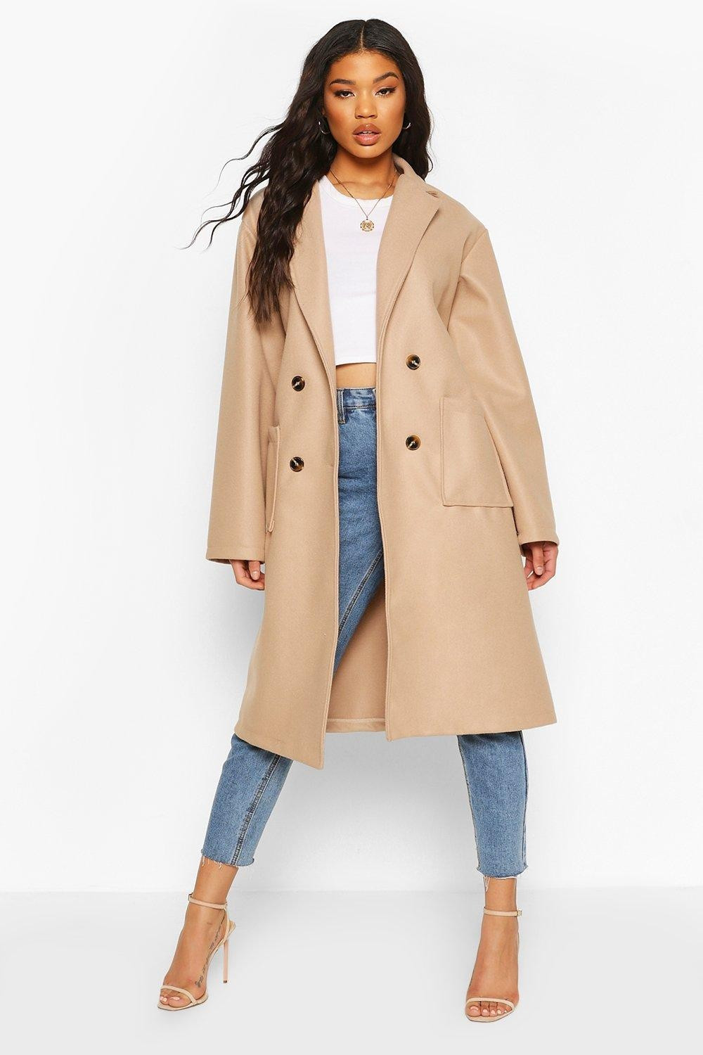 Womens Oversized Wide Sleeve Belted Wool Look Coat - Beige - 8 | Boohoo.com (US & CA)