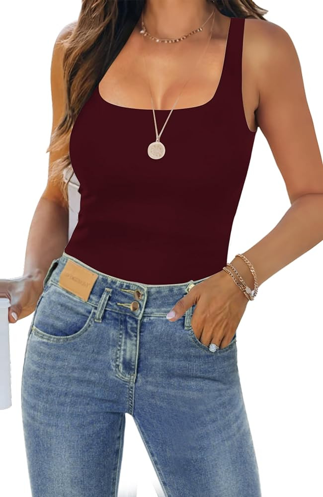 Womens Tank Tops Dressy Summer Sleeveless Shirts Sexy Square Neck Double Lined Fitted Tops T Shir... | Amazon (US)