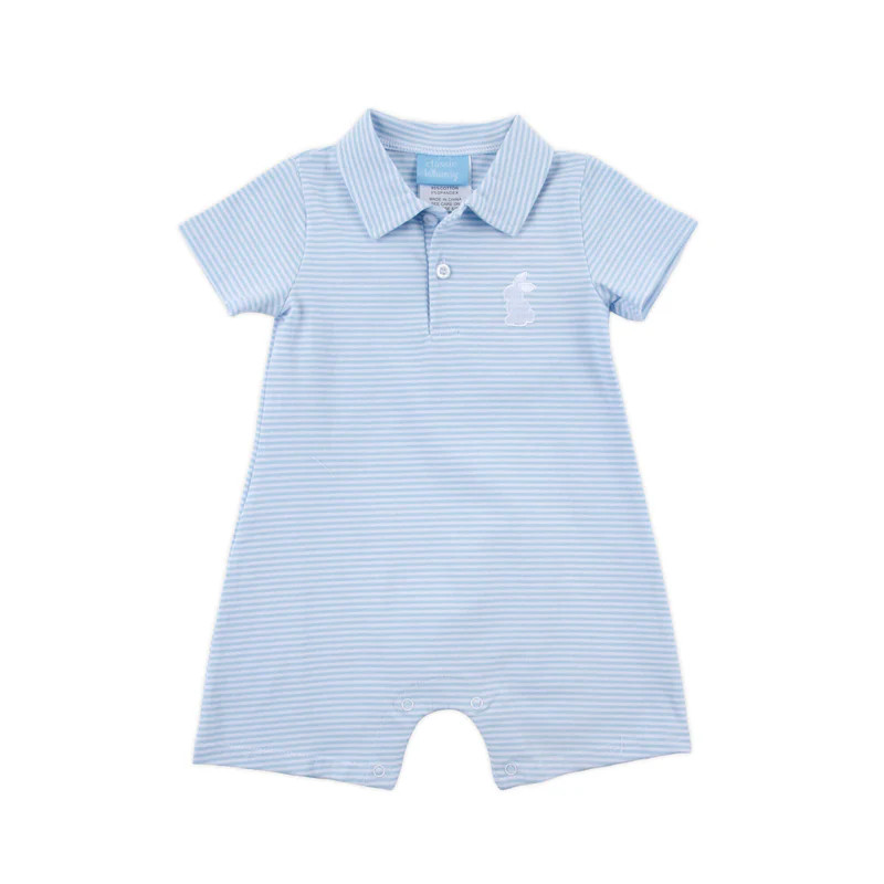 Blue Bunny Applique Light Blue Stripe Polo Romper | Classic Whimsy