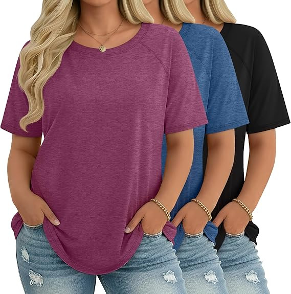 Ficerd 3 Pack Plus Size Tops for Women Casual Crewneck Raglan Sleeve Loose Tunic Tee Summer Basic... | Amazon (US)