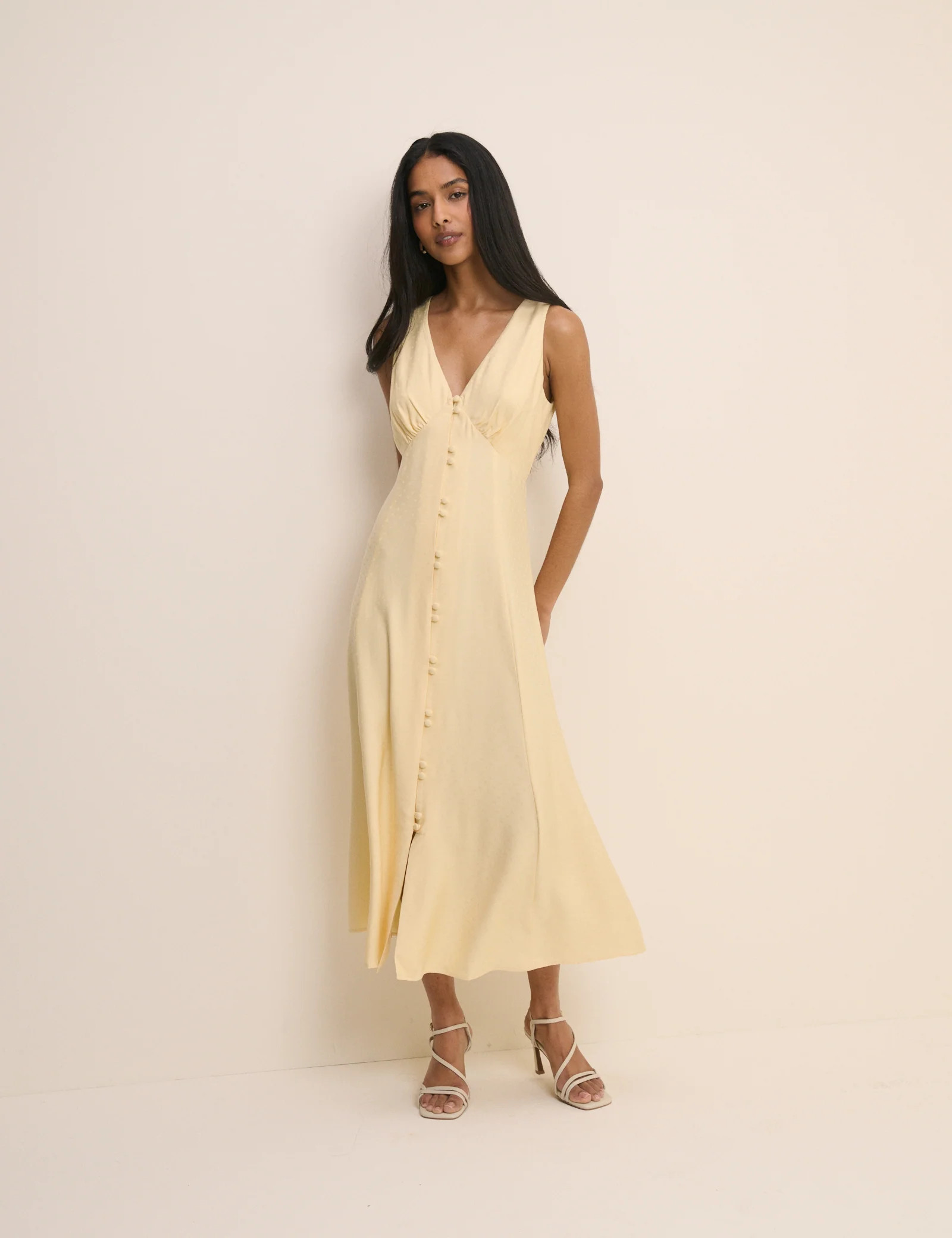 Butter Yellow Heart Jacquard Satin Avery Midi Dress | Nobody's Child
