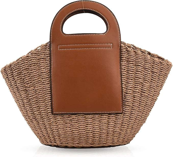 Summer Beach Bag, Hand Made Straw Beach Bag Basket Leather Stitching Tote Bag, Large Capacity Des... | Amazon (US)