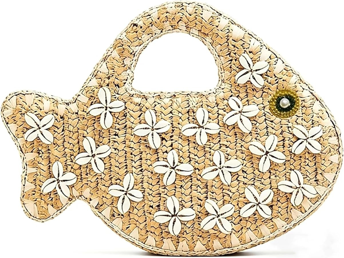 Fish Shaped Straw Handbag for Women, Seashell Decorated Woven Fish Purse, Summer Beach Tote Bag f... | Amazon (US)