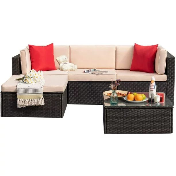 Devoko 5 Pieces Patio Sectional Set Outdoor Wicker Rattan Conversation Sofa with Cushion and Glas... | Walmart (US)