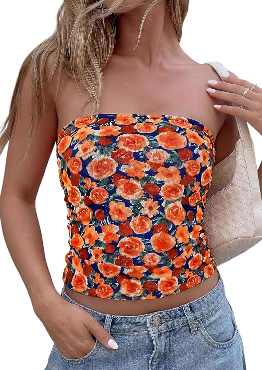 PRETTYGARDEN Tube Tops for Women 2026 Summer Spring Floral Strapless Going Out Tops Y2K Mesh Cute... | Amazon (US)
