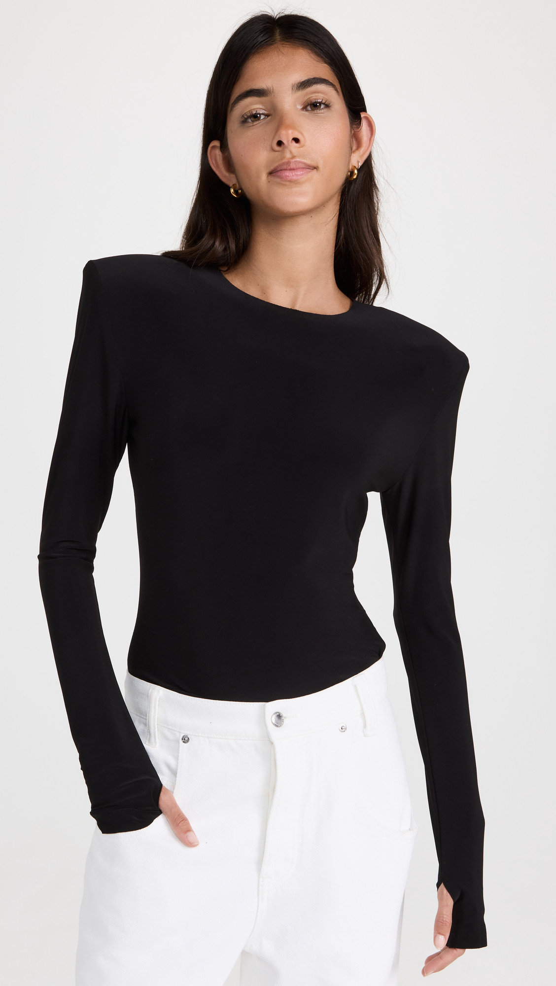 Norma Kamali Shoulder Pad Long Sleeve Crew Top Black XL | Shopbop