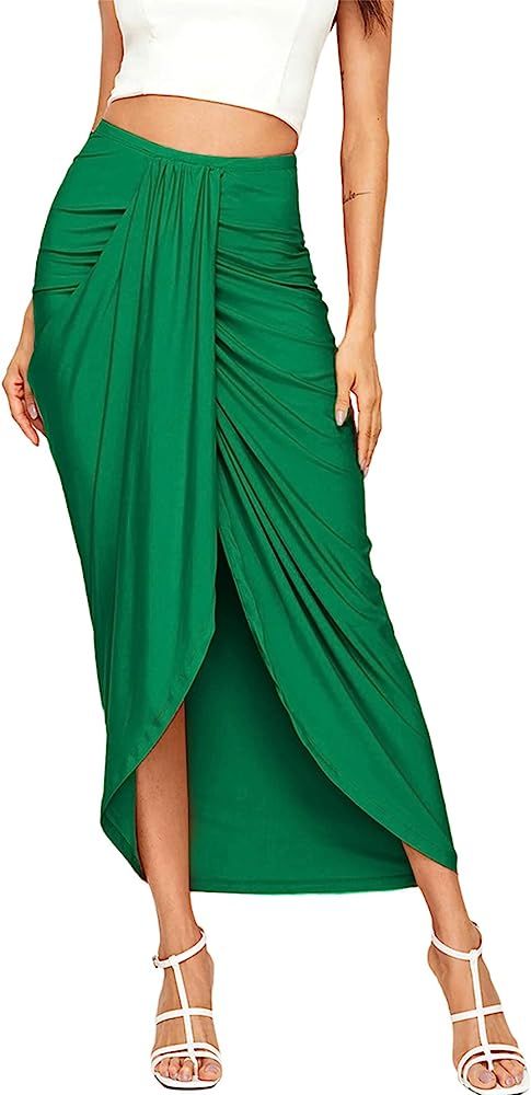 Women's Casual Slit Wrap Asymmetrical Elastic High Waist Maxi Draped Skirt | Amazon (US)