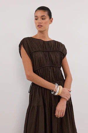 FLYNN BITTER CHOC LINEN BLEND MIDI DRESS | DISSH