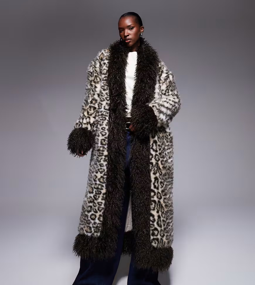 The Frolic exclusive faux fur mongolian trim maxi coat in brown leopard print | ASOS (Global)
