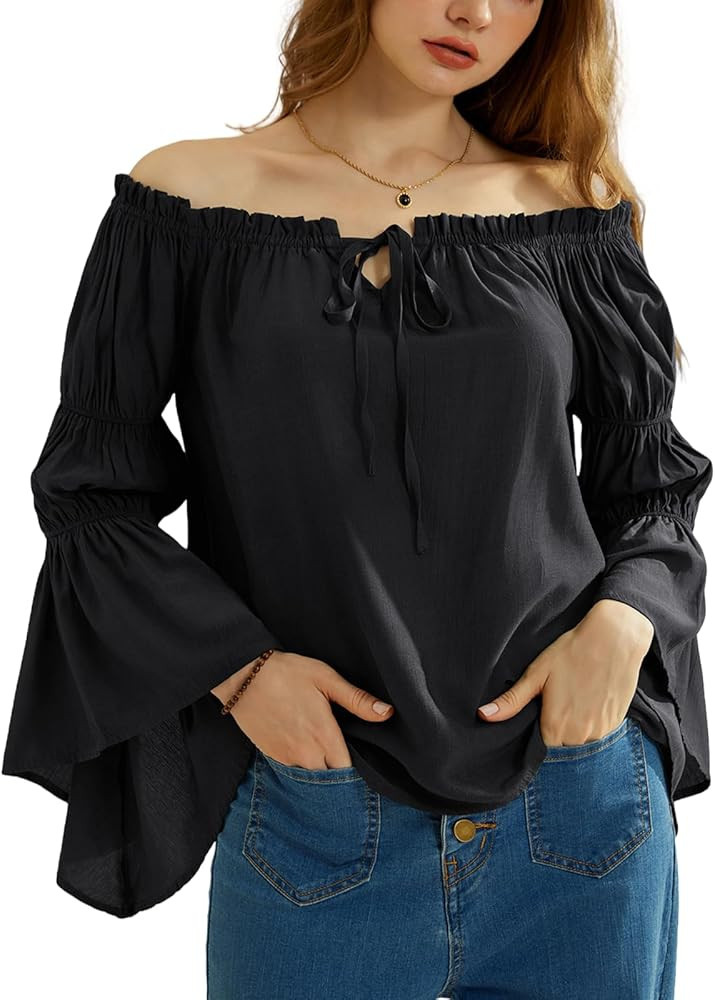 Scarlet Darkness Women Renaissance Shirt Off Shoulder Bell Sleeve Ruffle Casual Loose Peasant Top... | Amazon (US)