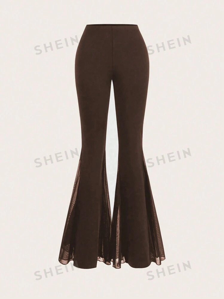 SHEIN Sweetro Women Plain Elastic Waist Mesh Splice Flared Fashionable Elegant Long Pants | SHEIN