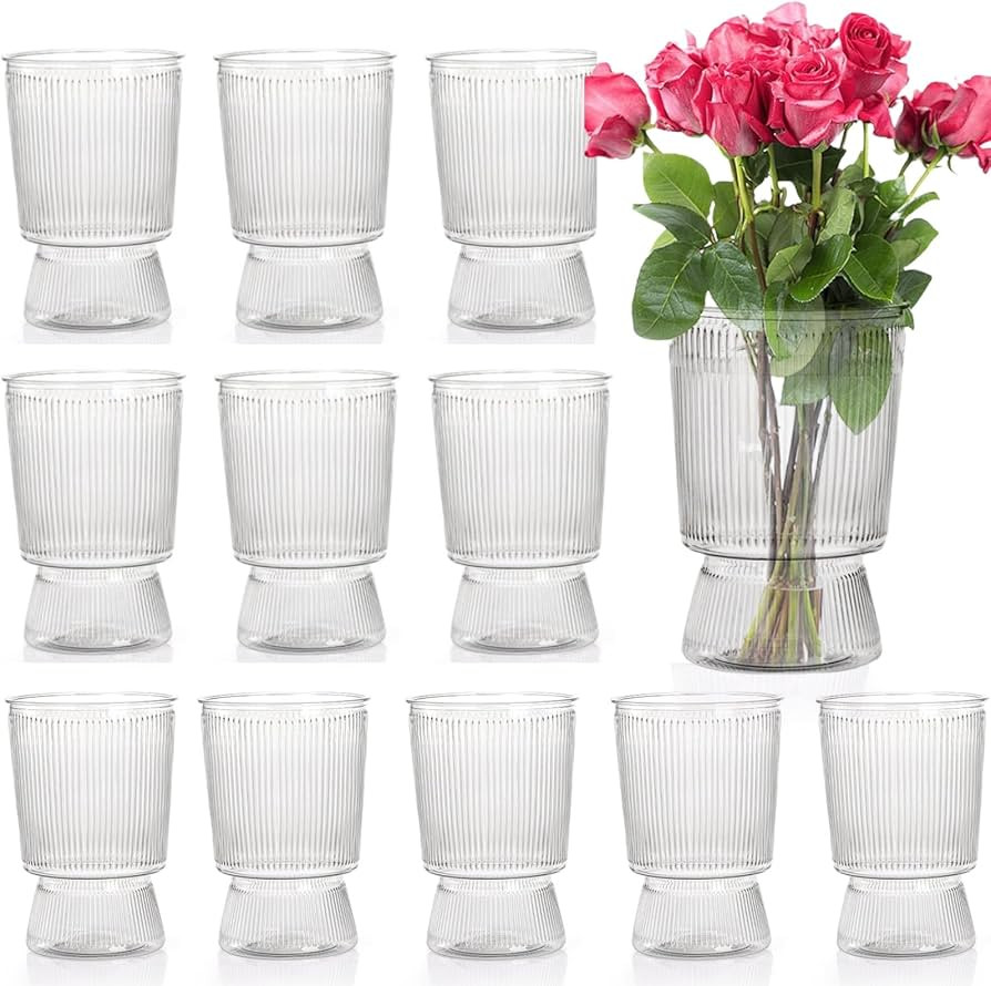 12 Pack Clear Plastic Flower Vase, 6.3" Ribbed Fluted Glass-Like Vase, Decorative Modern Ripple H... | Amazon (US)
