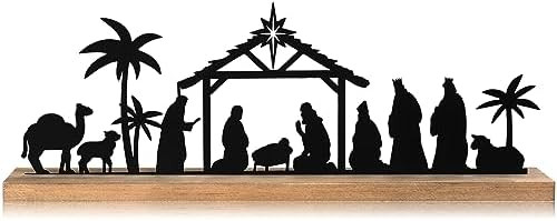 Pinkunn Metal Nativity Sets for Christmas Decorations Black Metal Nativity Scene with Wooden Base... | Amazon (US)